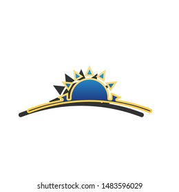 Sunrise sign. Blue icon with gold contour with dark gray shadow at white background. Illustration.