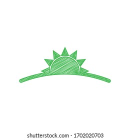 Signo de amanecer. Ícono de garabato verde con contorno sólido sobre fondo blanco.  Ilustración.