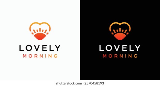 Sunrise silhouette vector logo design in heart shape with modern, simple, clean and abstract style. Icon for business, environment, outdoor and personal branding.