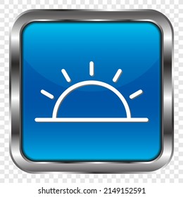 Icono de la salida del sol. Diseño plano. Botón cuadrado azul metálico. cuadrícula transparente.ai