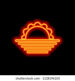 sunrise. simple weather icon. Orange neon style on black background. Light icon