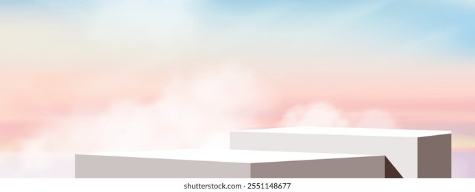 Sunrise Sky Background with Podium for Cosmetic Product Presentation,Spring Pink,Yellow,Cloud with 3d Mockup Stage Stand Platform,Minimal Display for Summer Banner,Vector banner for Mother day Sale