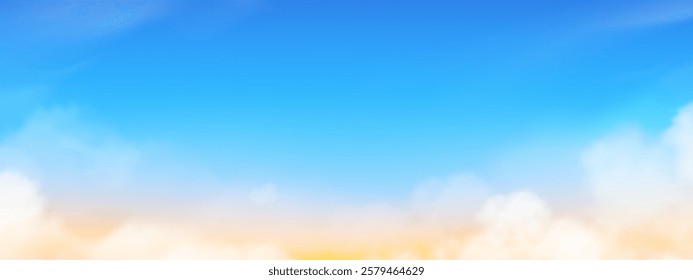 Sunrise sky blue, orange, yellow background,Horizon summer landscape clear sky, white cloud over sunset beach,Panorama nature sunrise dramatic cloudy for spring banner,Vector cartoon morning sky 