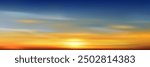 Sunrise Sky Cinematic Background Over Summer Beach. Sunset Sky,Cloud Background with Orange Yellow, Blue.Autumn Nature Landscape Golden Hour with twilight Sky in Evening after Sundown,Vector Horizon Cartoon in Winter