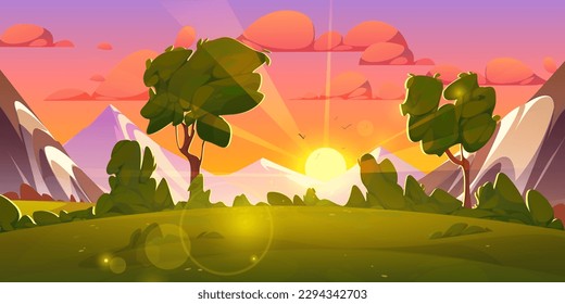 Sunrise sky and mountain near forest cartoon landscape. Summer morning nature scenery with sun, cloud and green tree. Adventure calm valley environment horizontal illustration perspective view