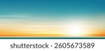 Sunrise Sky Yellow,Blue and Sun over Sea Beach,Sunset Sky,Cloud Background,Vector Summer Nature Golden Hour in Orange Sky before Sundown in Spring,Horizontal Cartoon Autumn Landscape with sunlight