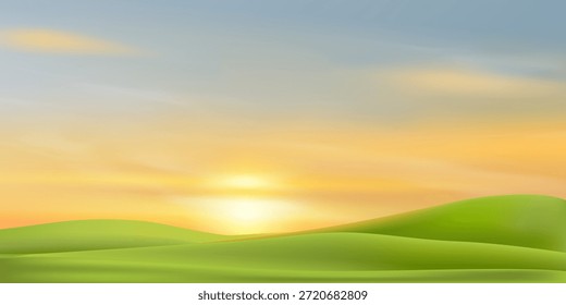 Sunrise sky,clouds over landscape of green hills for Spring season,Horizon peaceful scenic moutain layer on golden sunset sky background,Vector Nature design for eco website headers,inspiration visual