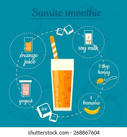 Sunrise smoothie recipe. Menu element for cafe or restaurant with energetic fresh drink. Fresh juice for healthy life.