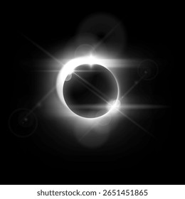 Nascer do sol, eclipse solar ou lunar com faísca e ilustração de vetor de efeitos de halo. Raios brilhantes, aura redonda e silhueta de globo escuro. Planetas espaciais brancos brilhantes no universo. Objetos celestes realistas
