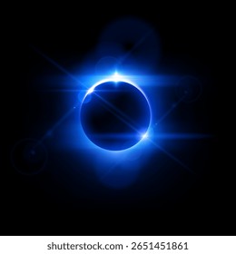 Nascer do sol, eclipse solar ou lunar com faíscas e ilustração de vetor de efeitos de halo. Raios celestes brilhantes realistas, aura redonda e silhueta de globo escuro. Planetas espaciais azuis brilhantes no universo