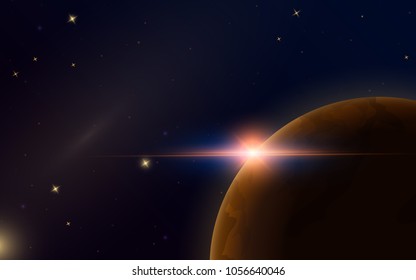 Sunrise in space. Red Planet Mars. Astronomical galaxy background. Light in the night sky. Solar system for the banner. Modern design of the universe for cards.