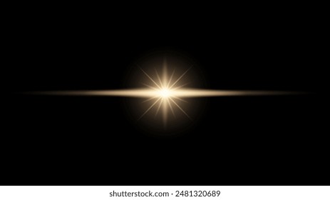 Efecto especial Amanecer. Luz de destello de lente de Vector, rayos solares cálidos, explosión de estrella brillante, resplandor solar brillante, luz solar amarilla sobre fondo negro.