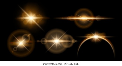 Sunrise special overlay effect set. Realistic solar eclipse with shining star, lens flare light overlay effect on black background. Vector glow star burst, shiny sun glare with sparkles and nebula.