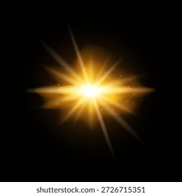 Sunrise special overlay effect. Vector lens flare light, warm orange sun rays flash, glow star burst, shiny sun glare with sparkles and nebula, yellow sunlight in black space.