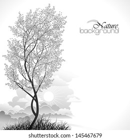 Sunrise in spring - b/w illustration