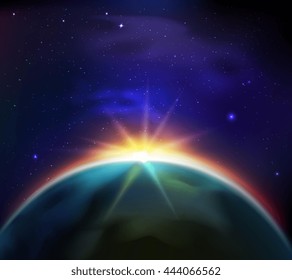 Sunrise in starry dark sky view from space background vector illustration