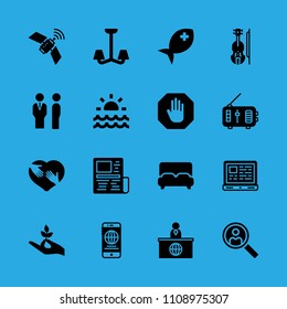 sunrise, stop, managers, hand holding a stalk, chandelier, radio, smartphone, fish and laptop vector icon. Simple icons set