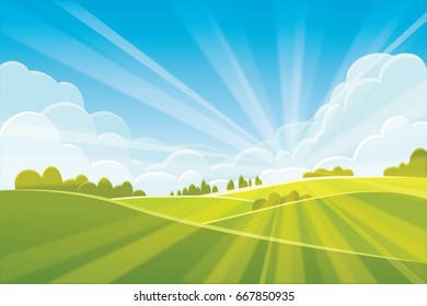 Sunrise summer or spring landscape - vector illustration