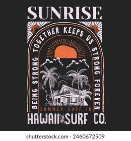 Sunrise summer surf in Hawaii, Summer retro graphic print design. Beach vibes with board print design. Hand sketch beach vector design, Print t shirt graphics design