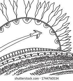Sunrise sun airplane fly fields location grass dream calm lined doodle coloring book page black and white background art therapy relax psychology