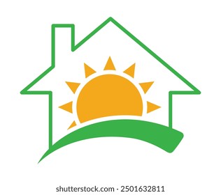 Sunrise sun with green field horizon and house icon
