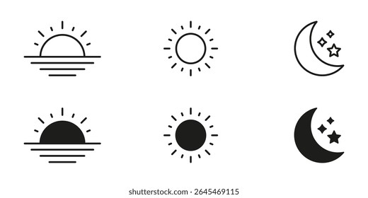 Linha De Nascer Do Sol, Sol E Lua E Conjunto De Ícones Sólidos. Ciclo Dia E Noite, Clima E Coleção De Símbolos De Tempo. Fenômenos Celestes E Ritmos Naturais. Ilustração de vetor isolada.