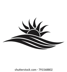 Sunrise. Sun and sea silhouette. Sunset line icon. 
