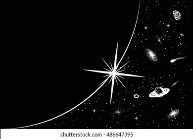 Sunrise of sun in space.Hand drawn style.Astronomic vector illustration