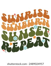 Sunrise Sunburn Sunset Repeat Summer Women Men T-Shirt,  Sunset Groovy Summer Shirt, Groovy Design, Beach Vacation, Groovy Vintage Design, Spring Break Shirt