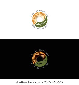 Sunrise Sunburst with Green Leaf for Eco Nature Renewable Power Energy Icon Symbol Illustration Logo Design Vector