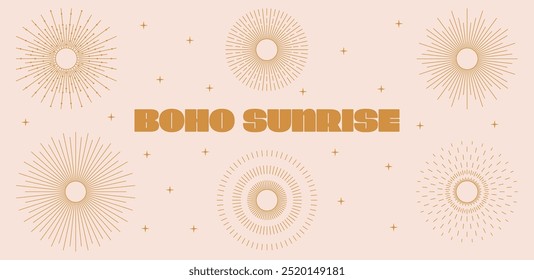 Sunrise and sunburst symbol in boho style. vector set
