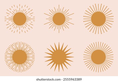 Sunrise and sunburst symbol in boho style. vector set