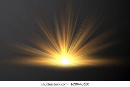 Sunrise. Sunlight special lens flash light effect on transparent background. Effect of blurring light. Vector Illustration.