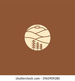 Sunrise and sunset behind the hill logo design. Tree, sunshine, golden time