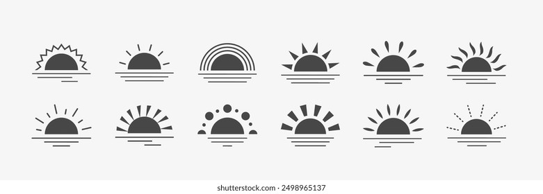 Sunrise or sunset black icons set. Various geometric figures of the sun. Vector illustration	