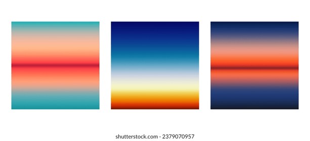 Sunrise or sunset colorful gradients background set. Smooth blurred wallpaper set in red, blue, green and purple colors. Abstract beach and sea or ocean horizon backdrop. Vector illustration