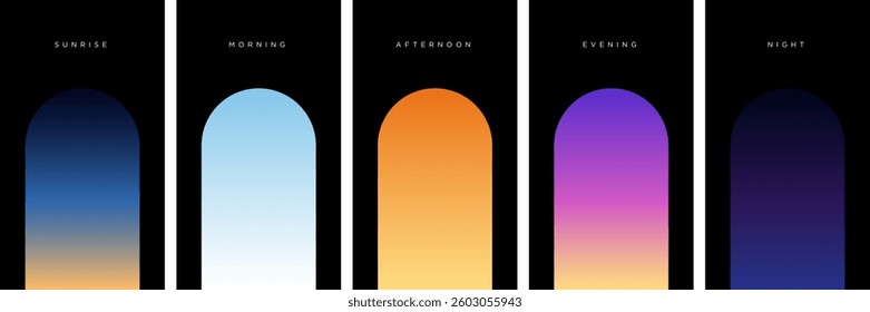 Sunrise to sunset colorful gradients background set. Smooth blurred wallpaper set in pink, blue, purple colors. Abstract night or evening sky horizon backdrop. Vector illustration