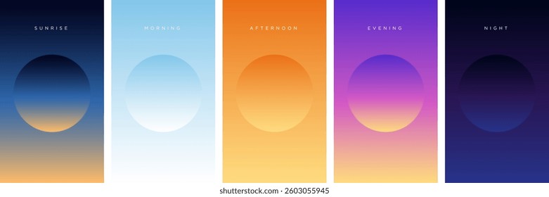 Sunrise to sunset colorful gradients background set. Smooth blurred wallpaper set in pink, blue, purple colors. Abstract night or evening sky horizon backdrop. Vector illustration