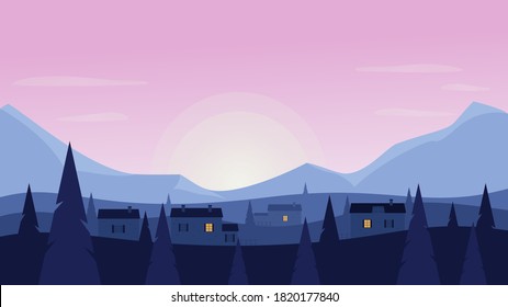 Sunrise or sunset country farm landscape vector illustration. Cartoon flat countryside farmland scenery with rising sun and village houses among pine trees, morning or evening nature scene background