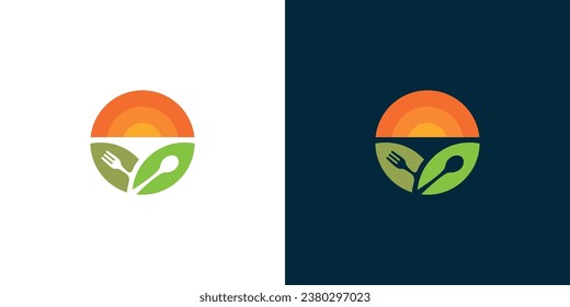 Sunrise Sunset Food Logo Designs, Healthy Food Leaf Spoon Fork Menu Designs Vector Illustration.