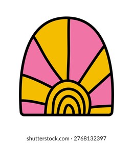 Sunrise or Sunset in form of an Arch. Sun, sunbeams. Children scribble doodle. Frame with rays of setting daylight. Yellow and pink colors. Simple and primitive drawing. Isolated. Vector illustration