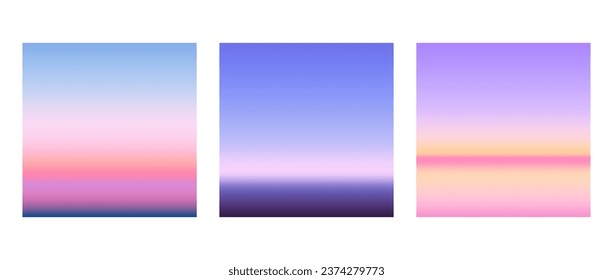 Conjunto de fondo de gradientes de salida al sol o de puesta de sol. Papel pintado de color rosa, azul y púrpura. Resumen playa y mar o horizonte oceánico. Ilustración del vector