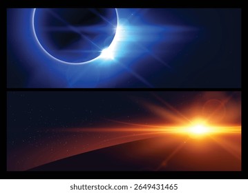 Horizonte do nascer ou pôr do sol. Eclipse lunar com faíscas e efeitos de halo conjunto de ilustrações vetoriais. Raios celestes brilhantes realistas, aura redonda e silhueta de globo escuro. Planetas espaciais brilhantes no universo