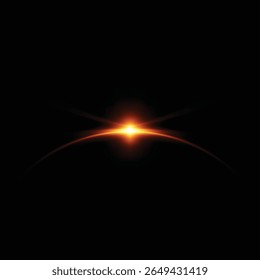 Horizonte do nascer ou pôr do sol. Eclipse solar ou lunar com efeito de faísca de desfoque laranja ilustração vetorial. Planetas espaciais brilhantes no universo. Raios brilhantes, aura redonda. Objeto celeste realista