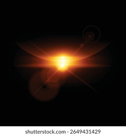 Sunrise or sunset horizon. Solar or moon with orange blur spark effect vector illustration. Glowing space planets in universe. Realistic celestial shiny rays, round aura on black background