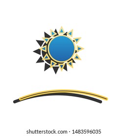 Sunrise and sunset icon. Blue icon with gold contour with dark gray shadow at white background. Illustration.