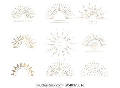 Icono de amanecer o puesta de sol en color dorado en estilo boho. Diseño lineal, sencillo de logotipo, arte de línea solar. Diseño del logotipo del vector atardecer.Ilustración vectorial.
