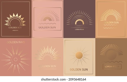 Sunrise sunset icon in golden color in boho style  Linear  simple logo design  sun line art  Sunset vector logo design  Vector illustration
