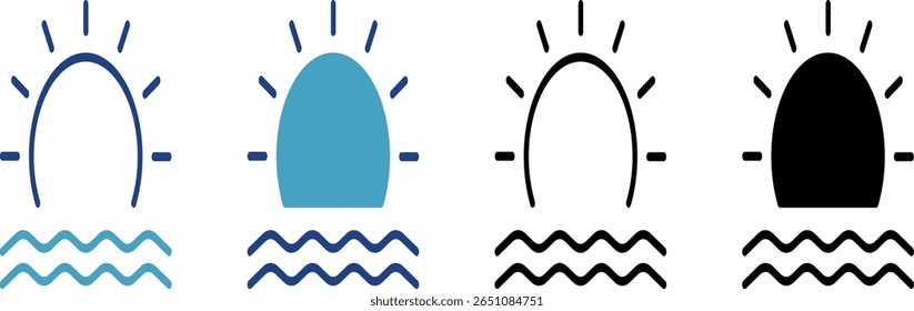 Sunrise or sunset icon over water, sea or beach concept for beach holiday atmosphere, sea activities or enjoying nature view.