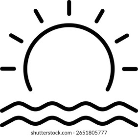 Sunrise or sunset icon over water, sea or beach concept for beach holiday atmosphere, sea activities or enjoying nature view.